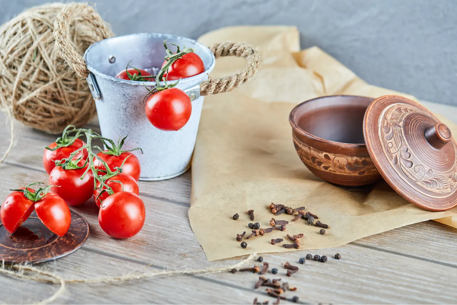 bucket-tomatoes-half-cut-tomato-wooden-table-with-empty-bowl 1